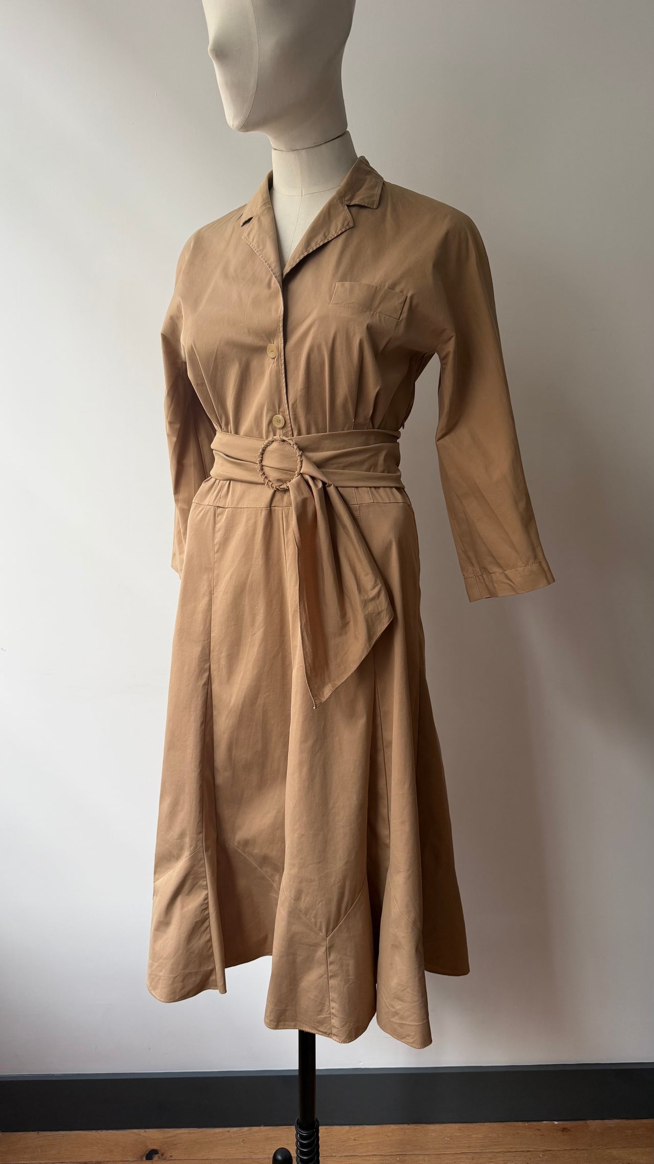 Prada belted cotton mix camel summer day dress