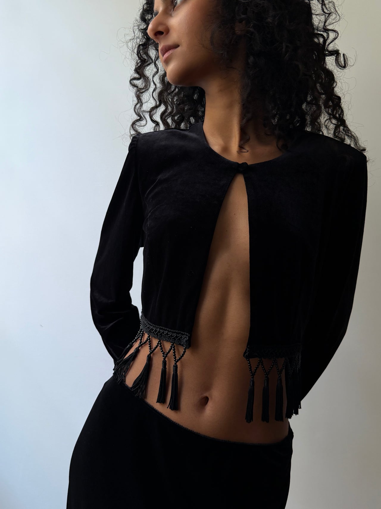 1990’s British vintage tasseled velvet maxi skirt suit set