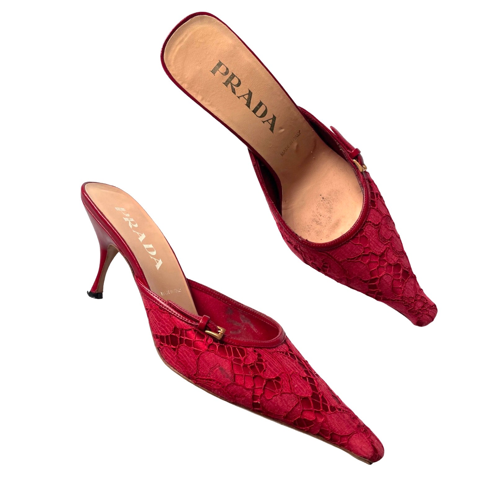 Prada red lace kitten heel mules 38 Lanabu Limited