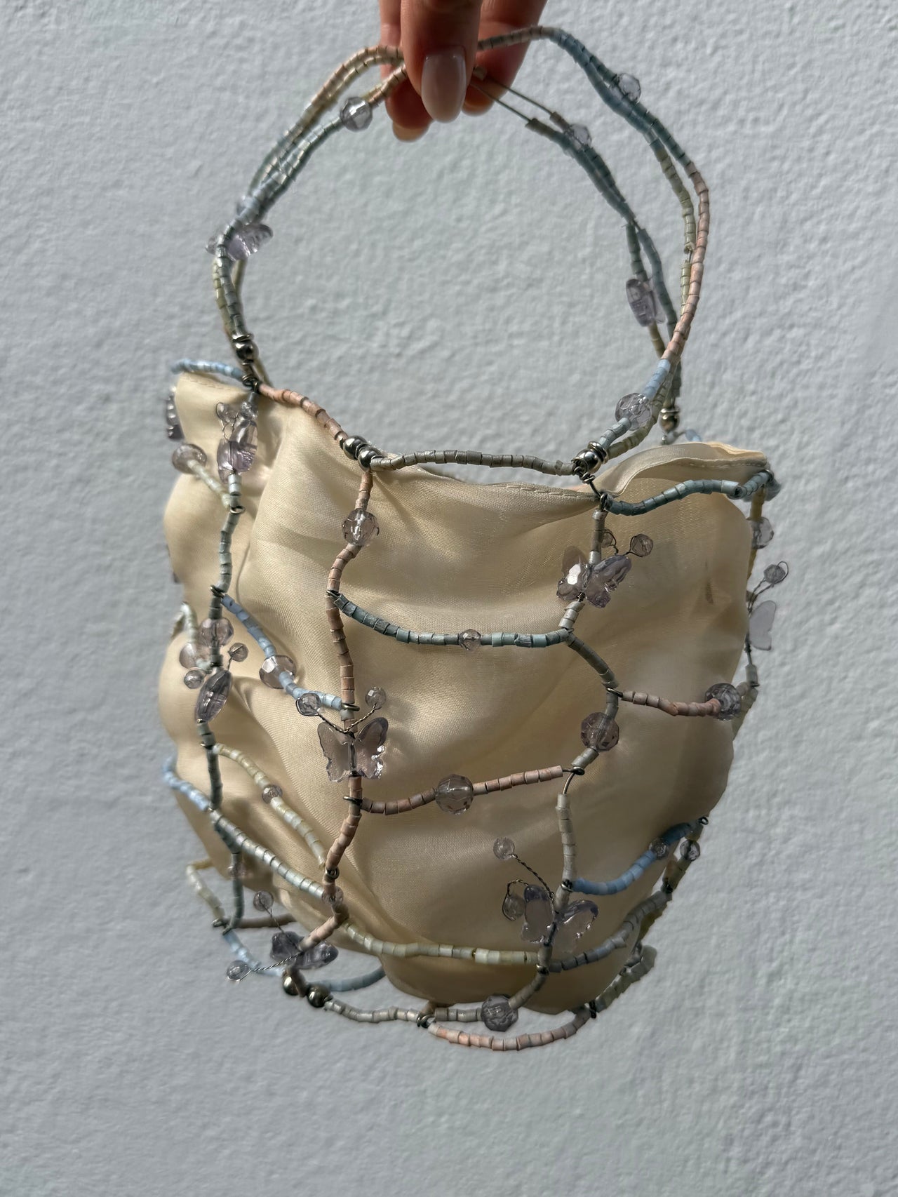 Bottega Veneta 1990’s silk bucket bag with butterfly wire frame