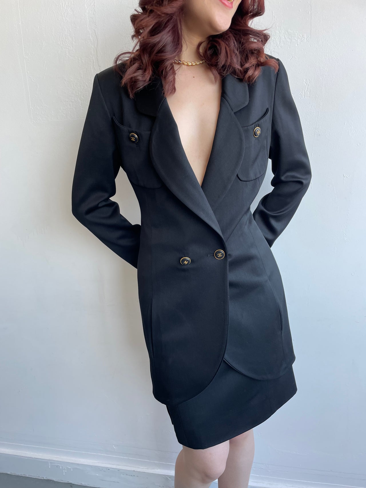 Chanel vintage 1990’s by Karl Lagerfeld black wool skirt suit XS