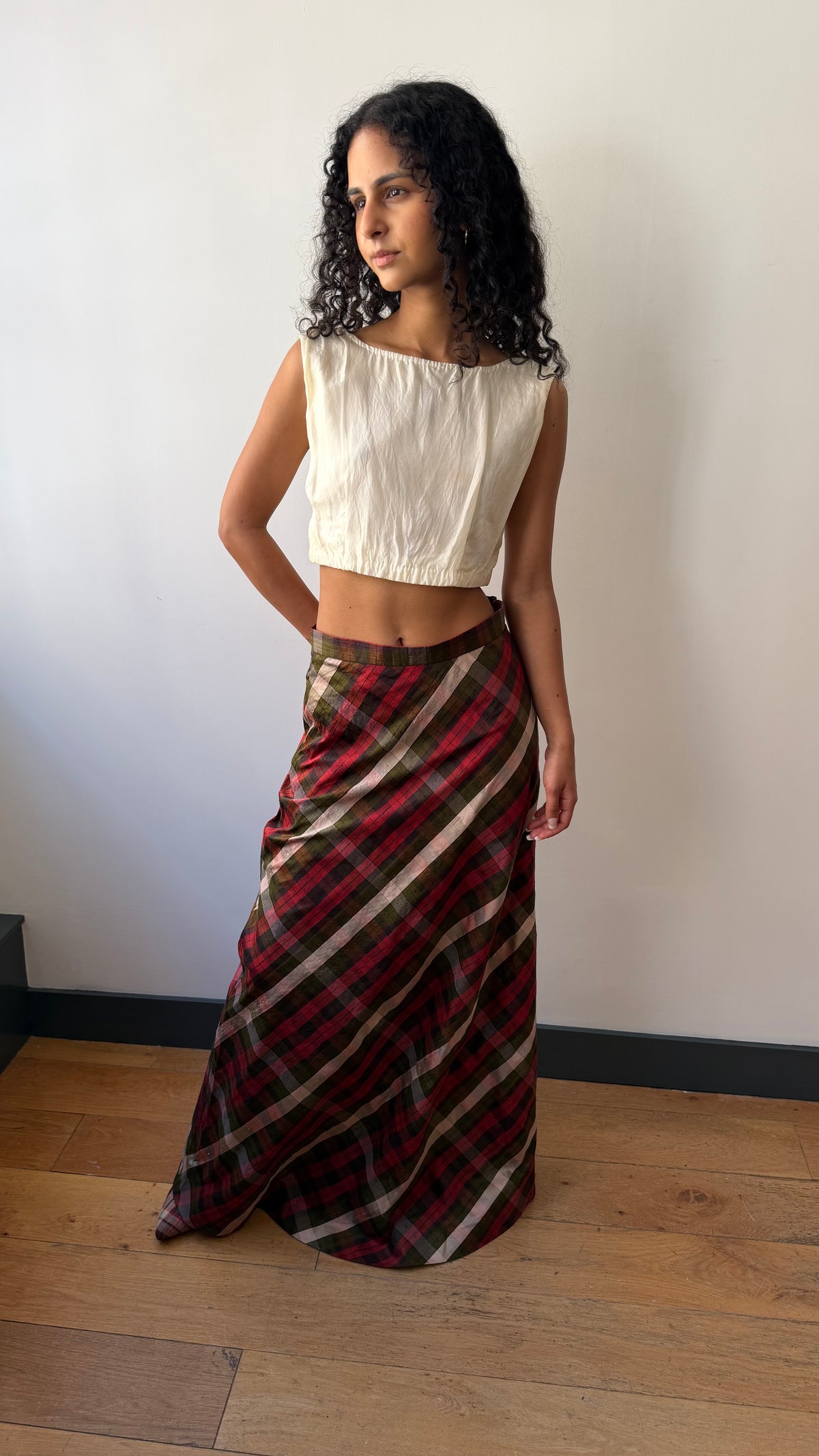 Maxi raw silk checked summer skirt