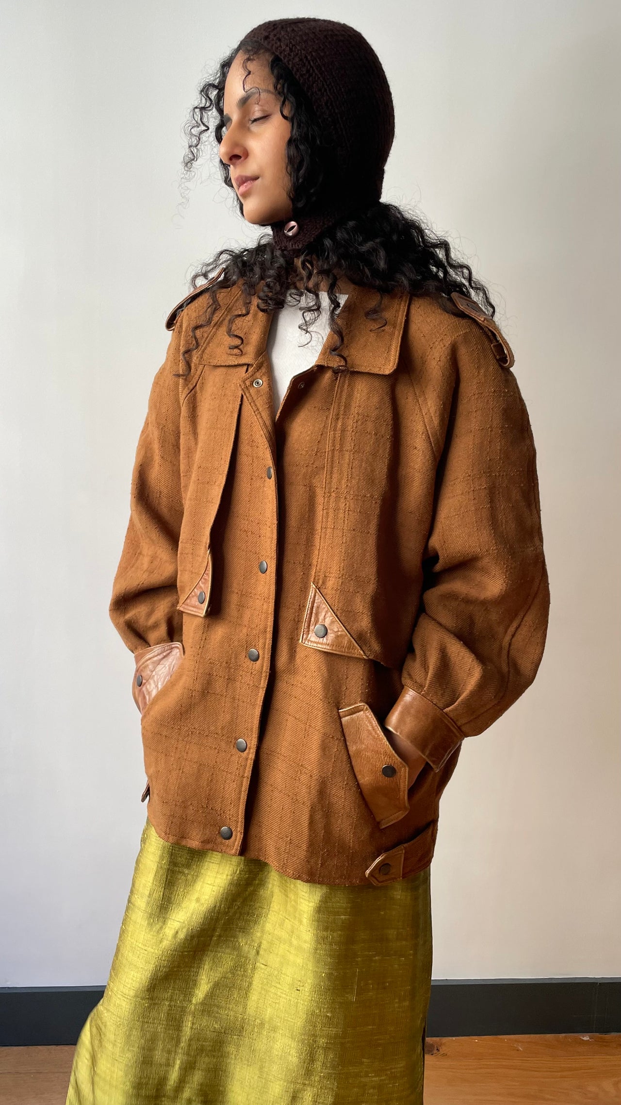 1980’s vintage camel linen blend bomber jacket with leather detailing