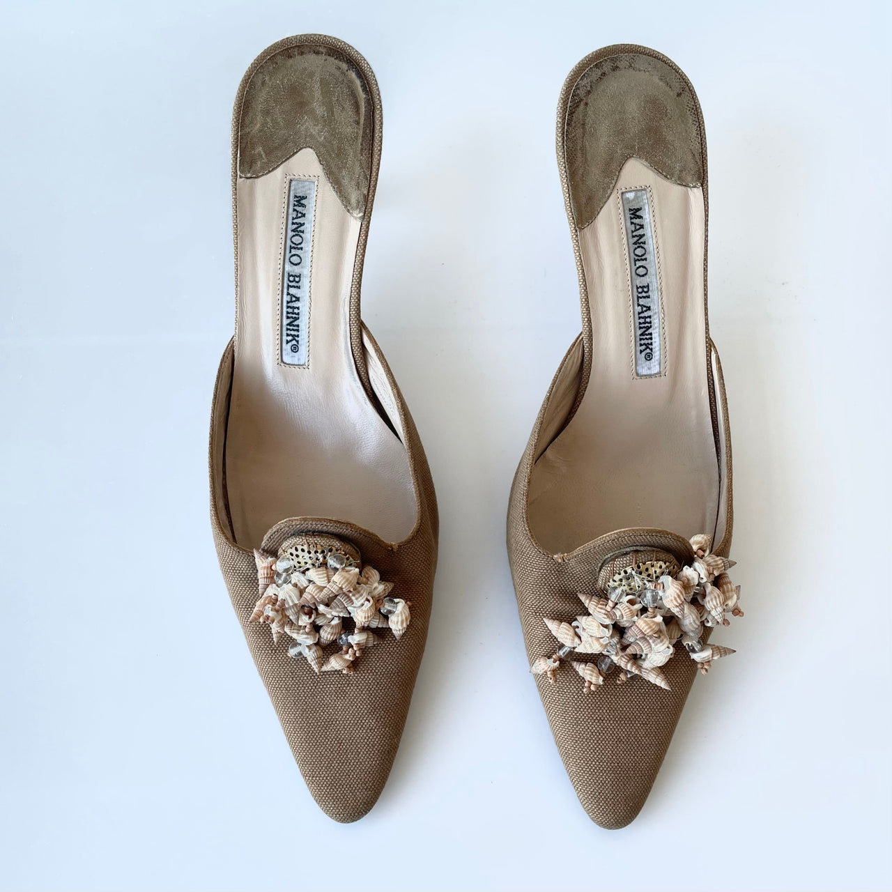 Manolo Blahnik canvas mules with shells 37.5