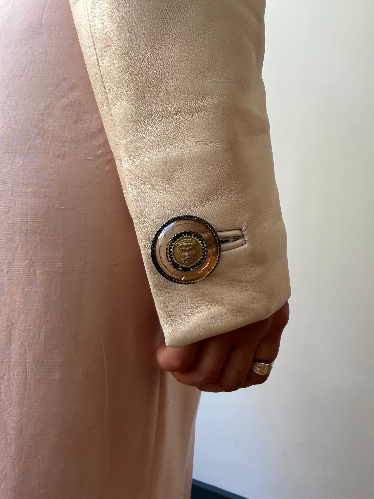 Versace Istante pastel pink double-breasted leather jacket