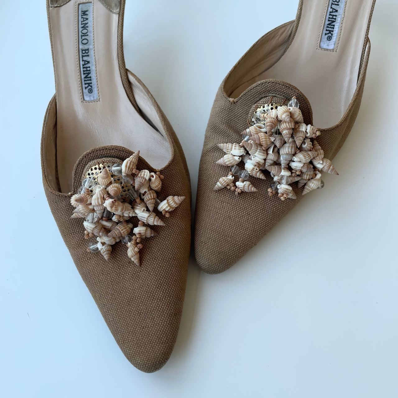 Manolo Blahnik canvas mules with shells 37.5