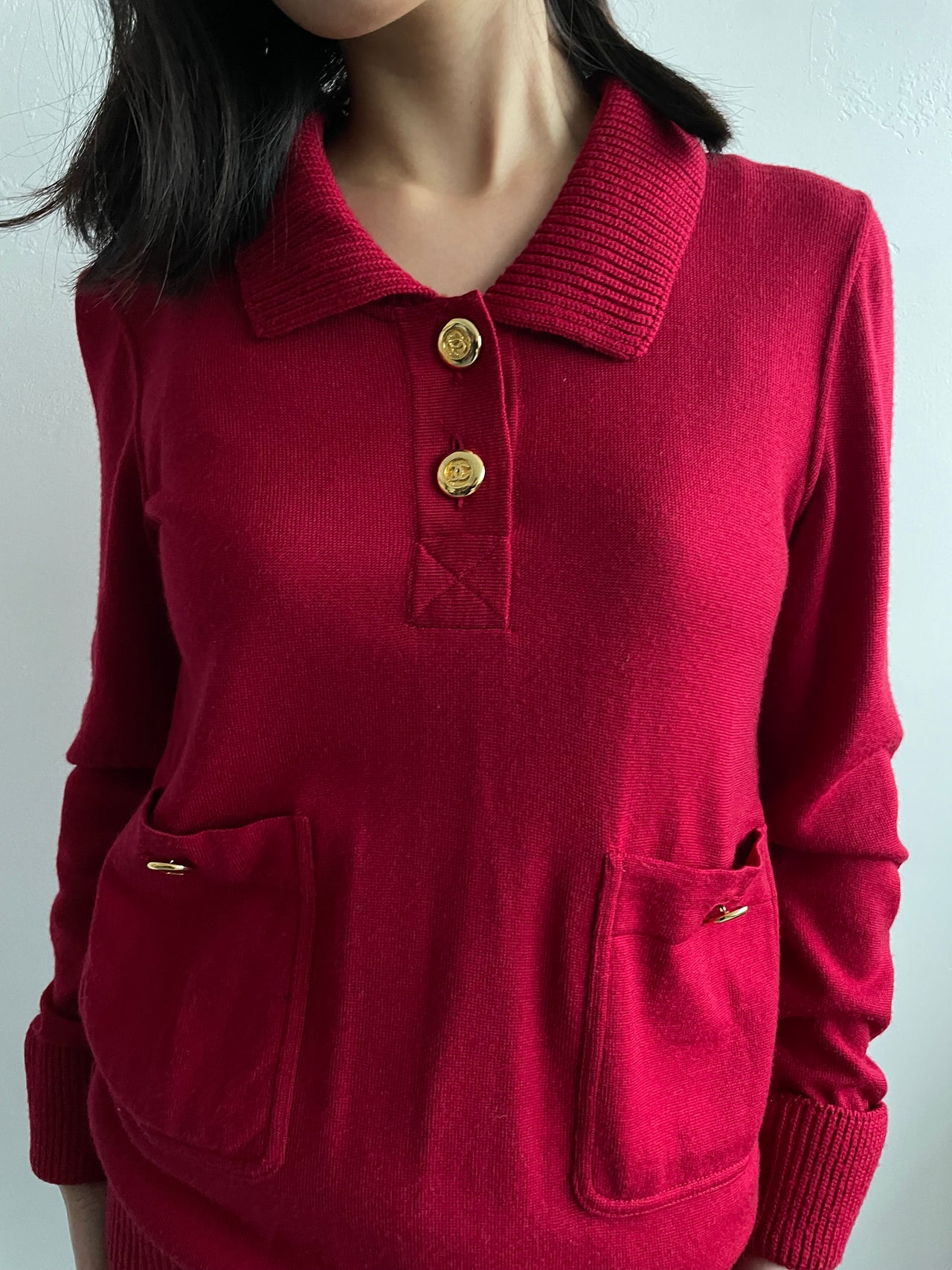 Chanel vintage wool cherry red CC button front pocket jumper