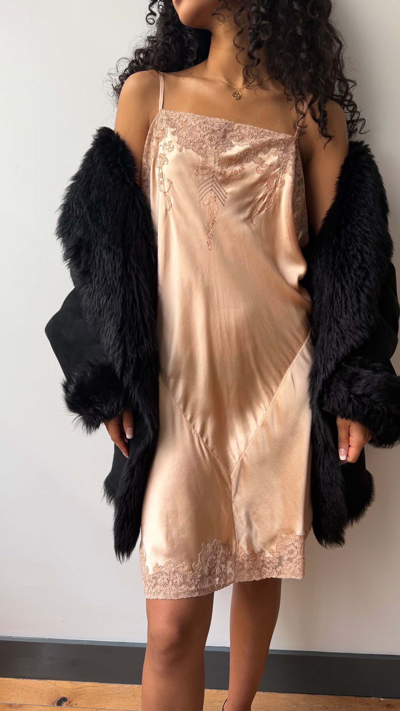 1920’s antique silk slip embroidered lace chemise dress in peach