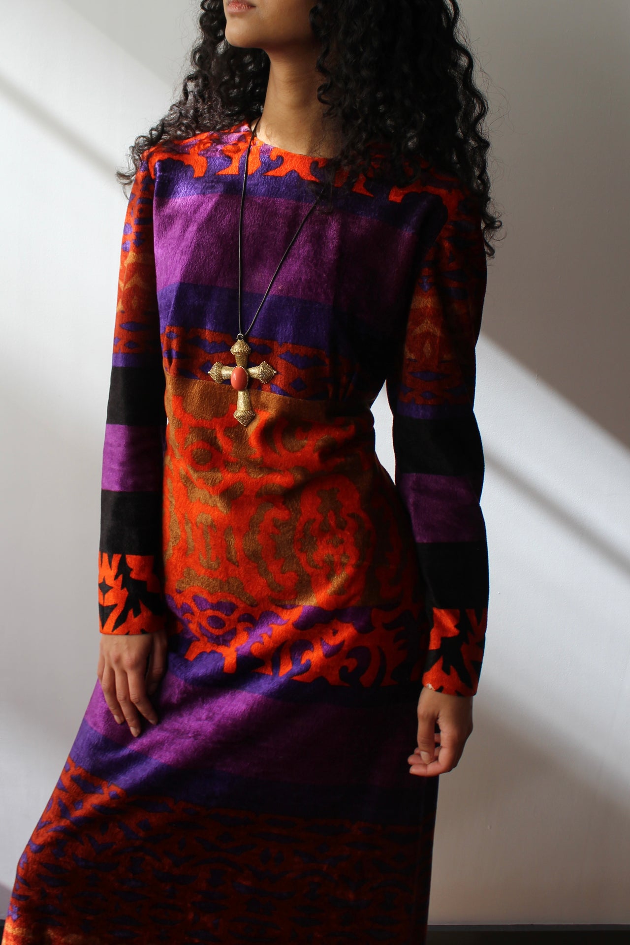 1970’s vintage printed maxi velvet dress