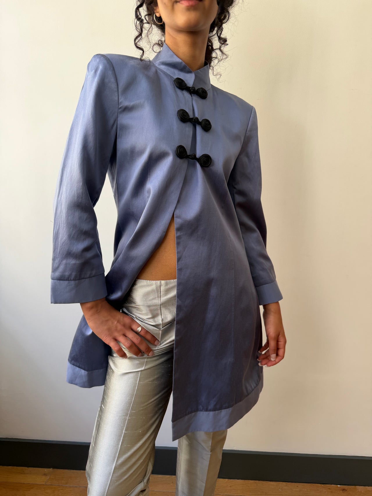 Vintage Mandarin pure silk pastel blue long-line jacket