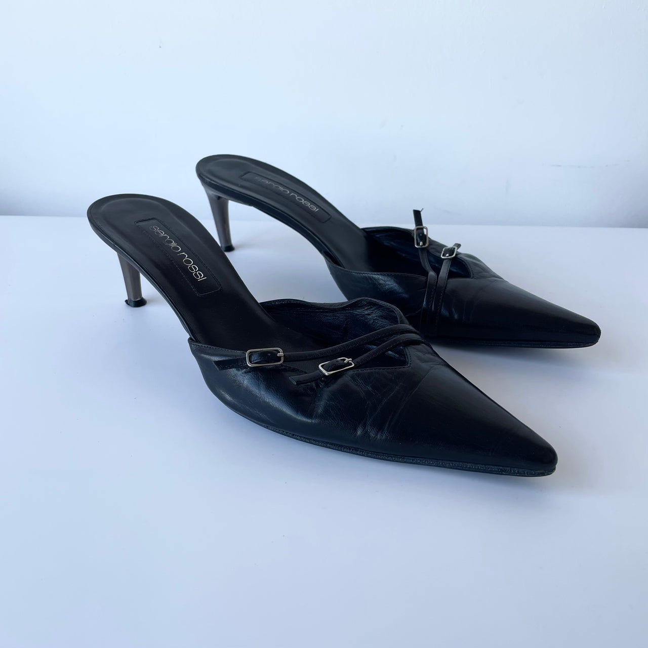 Sergio Rossi black leather bondage 2000’s kitten heel mules