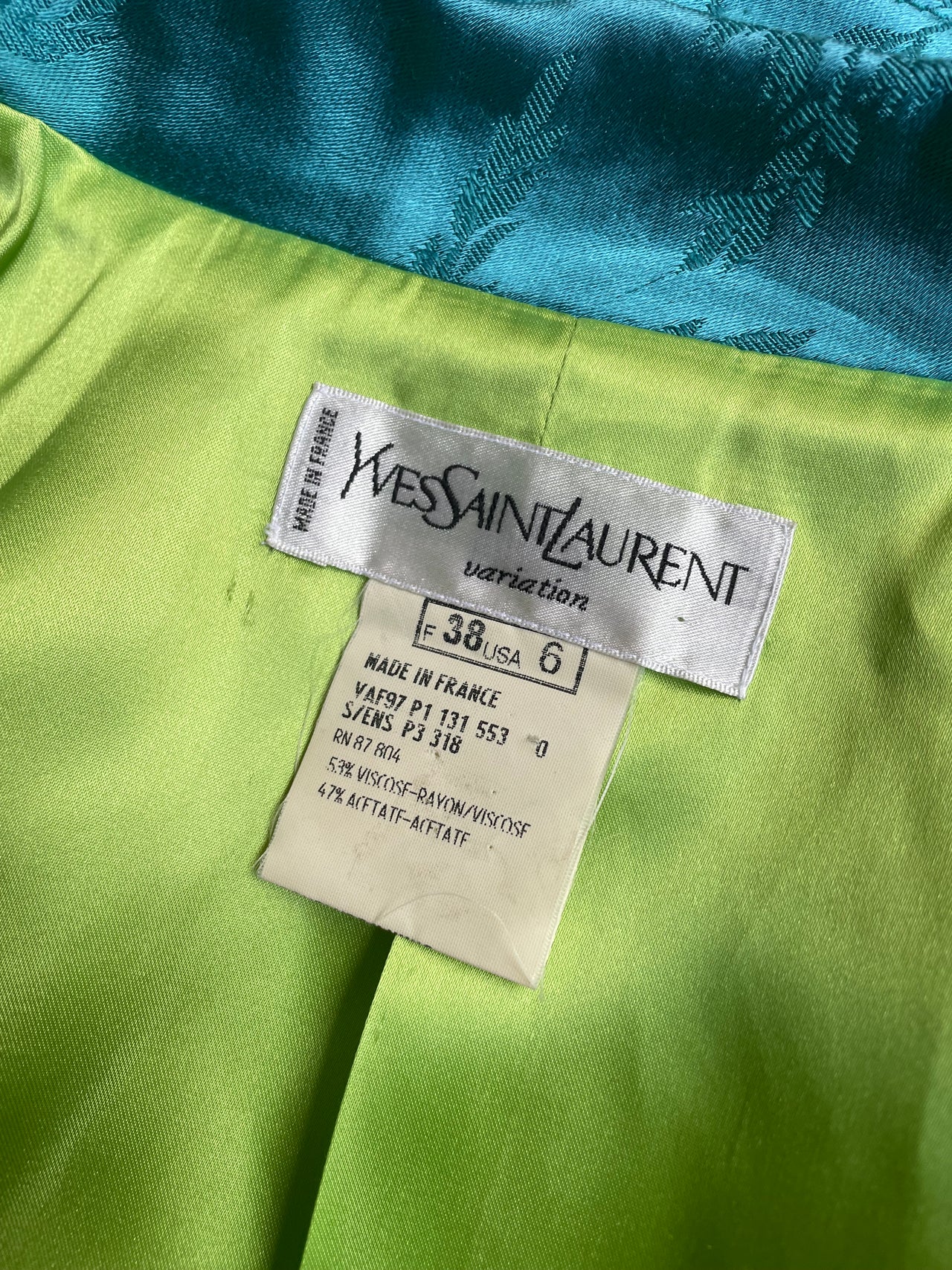 Yves Saint Laurent 1990’s vintage turquoise jacquard blazer