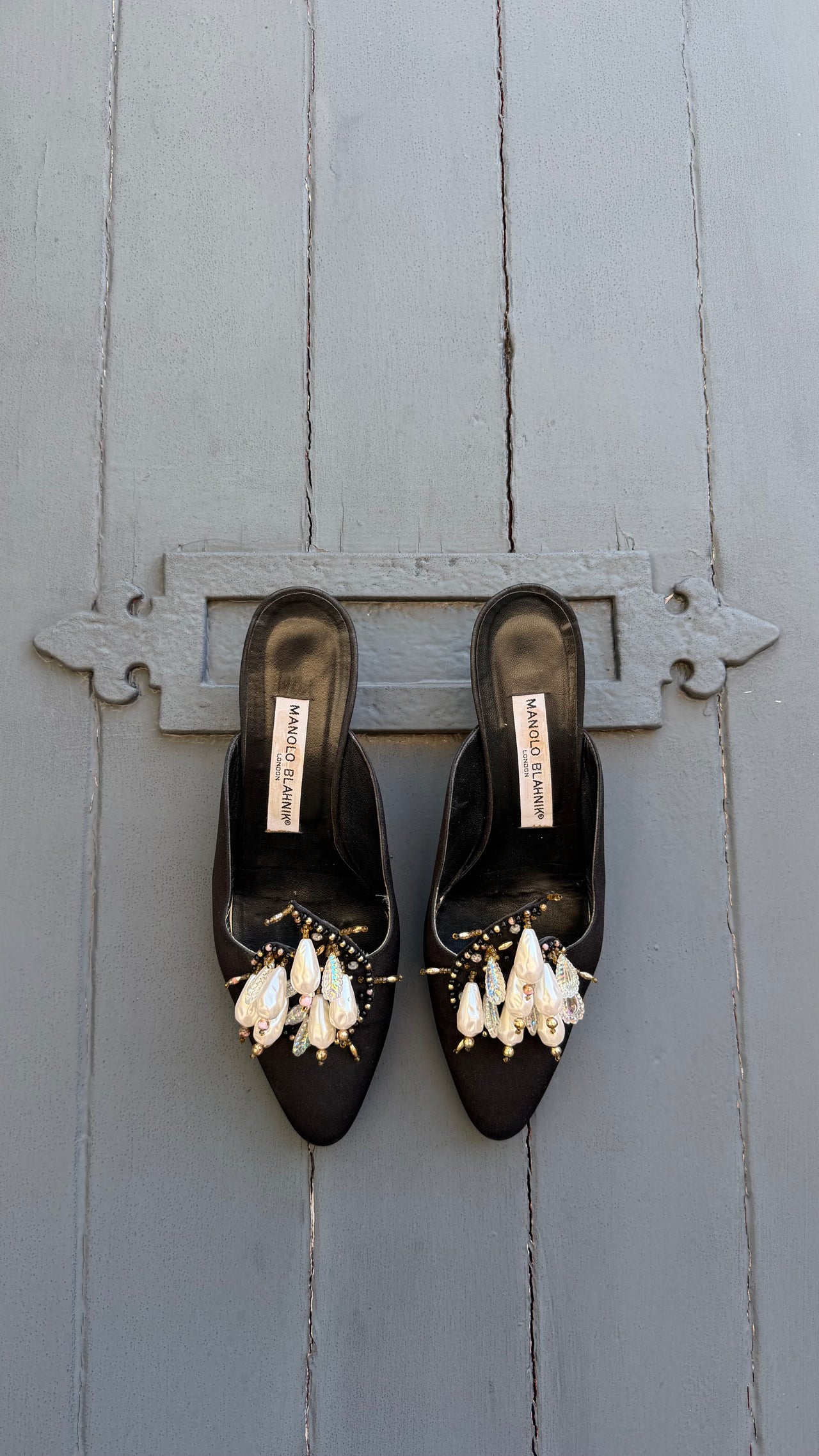 Manolo Blahnik vintage evening mules with faux pearls 37.5