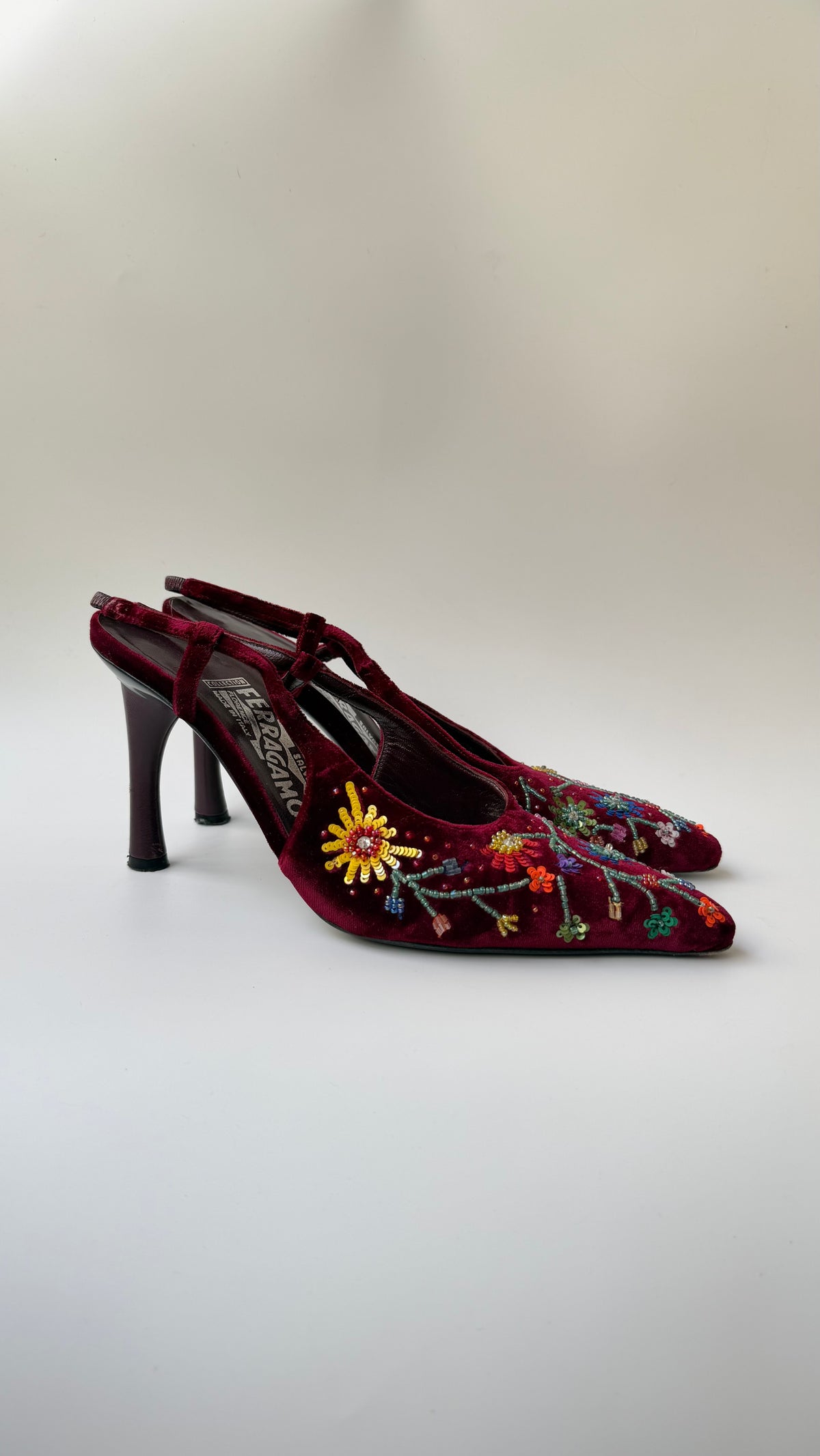 Salvatore Ferragamo beaded velvet slingback courts 38.5