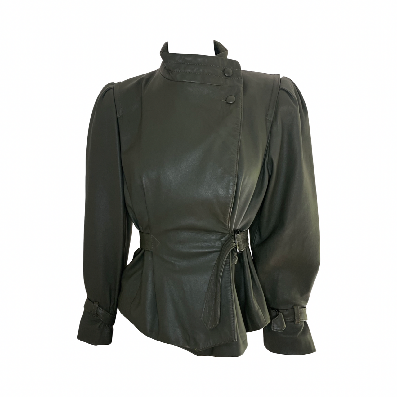 Yves Saint Laurent 1980s vintage volume shoulders belted khaki leather jacket