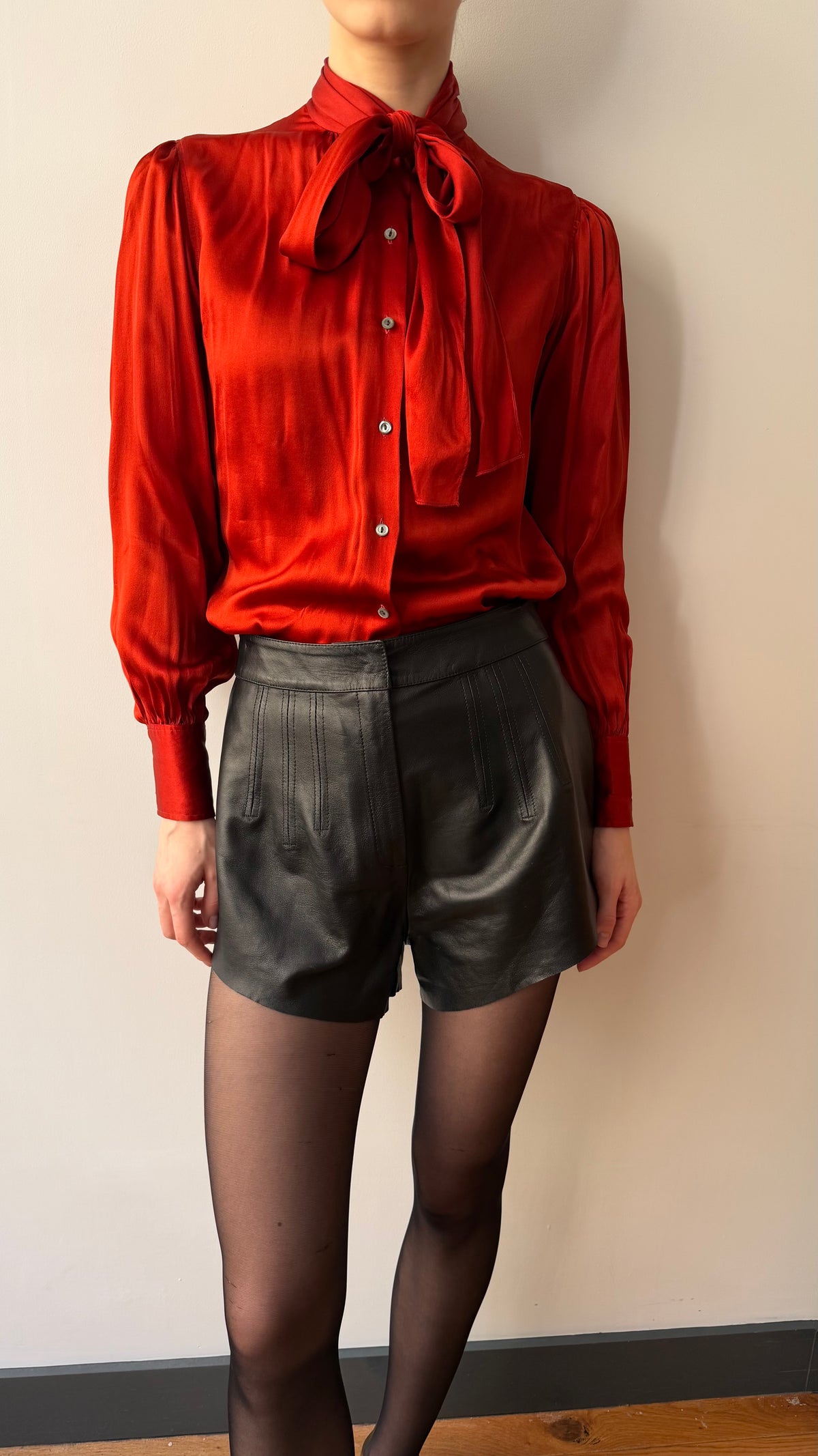French vintage silk neck tie blouse in brick red XS