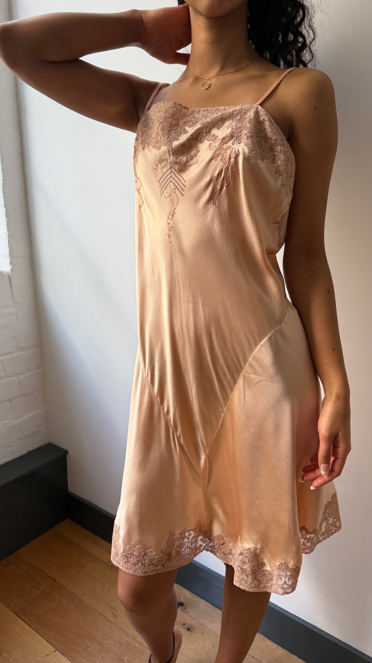 1920’s antique silk slip embroidered lace chemise dress in peach