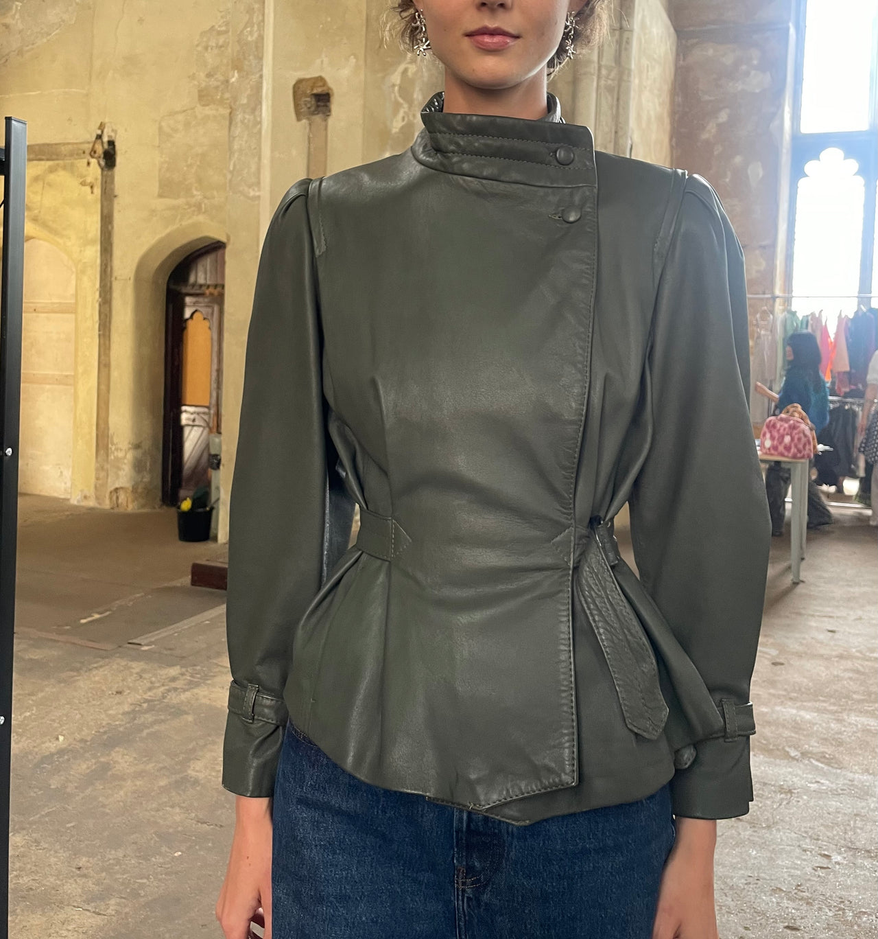 Yves Saint Laurent 1980s vintage volume shoulders belted khaki leather jacket