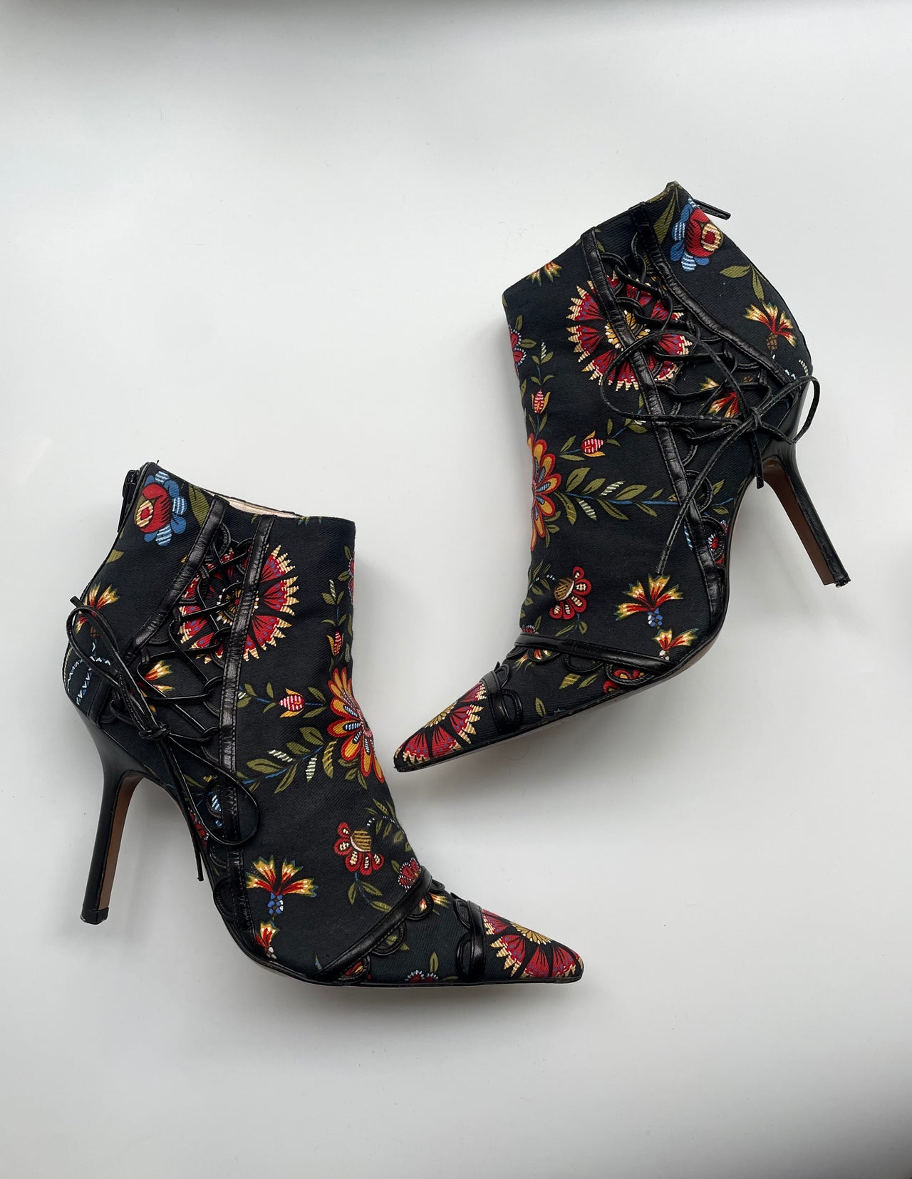 Dior Galliano era floral print lace-up detailed ankle boots 36