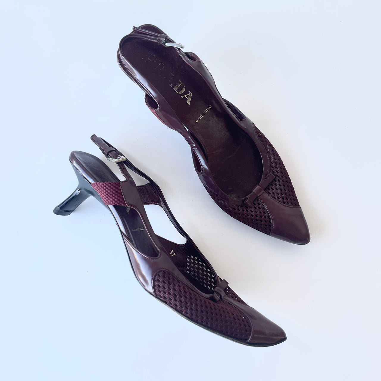 Prada SS2000 dark burgundy glossy leather and mesh slingback courts