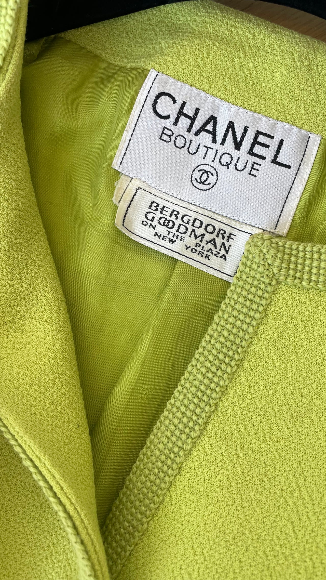 Chanel 1990’s vintage hourglass bright green jacket by Karl Lagerfeld