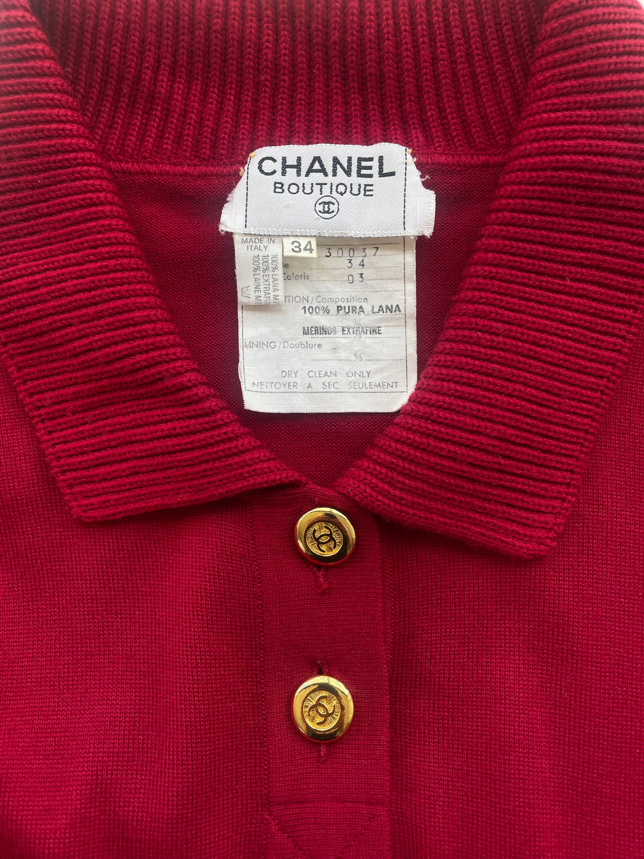 Chanel vintage wool cherry red CC button front pocket jumper