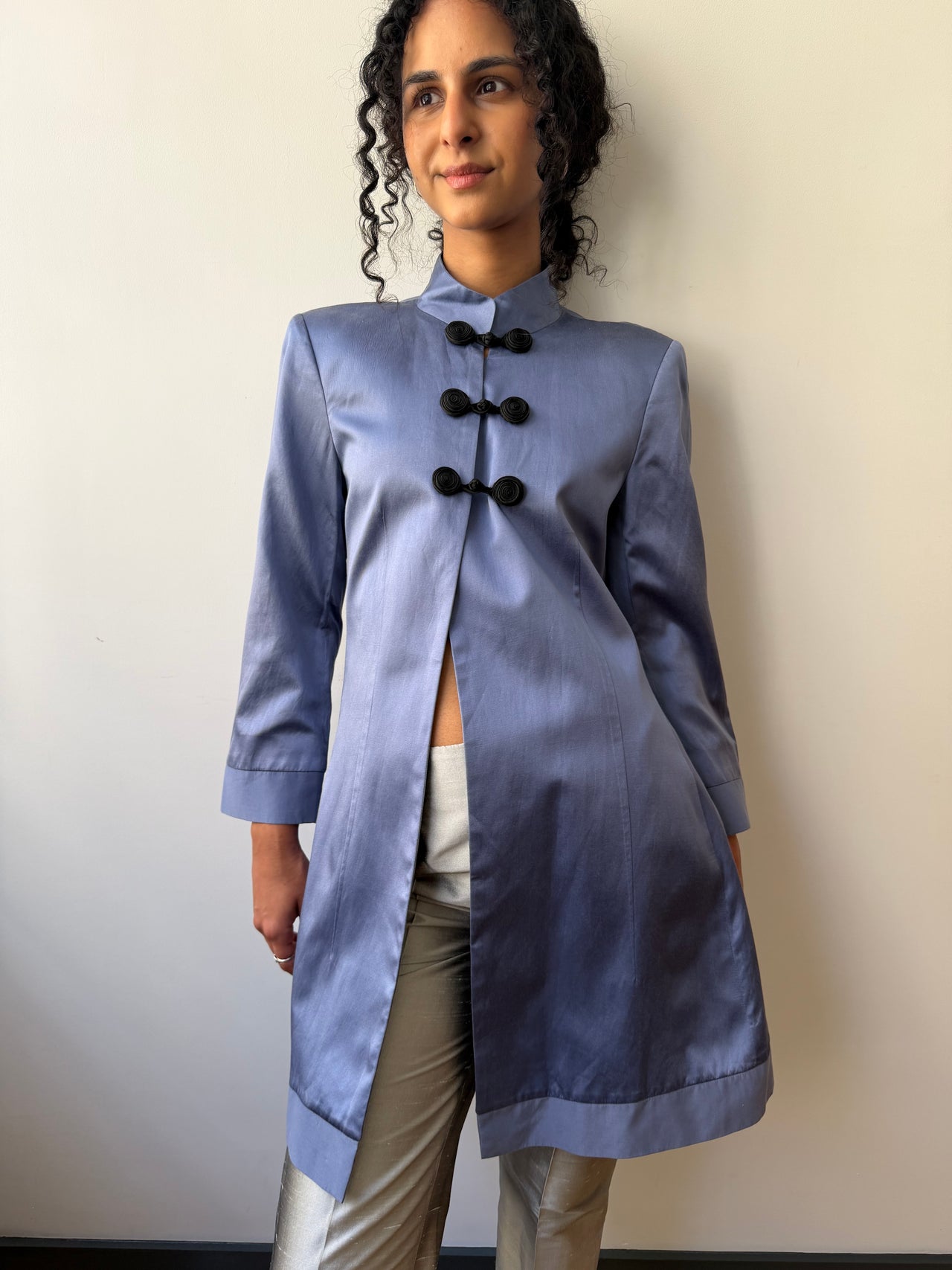 Vintage Mandarin pure silk pastel blue long-line jacket