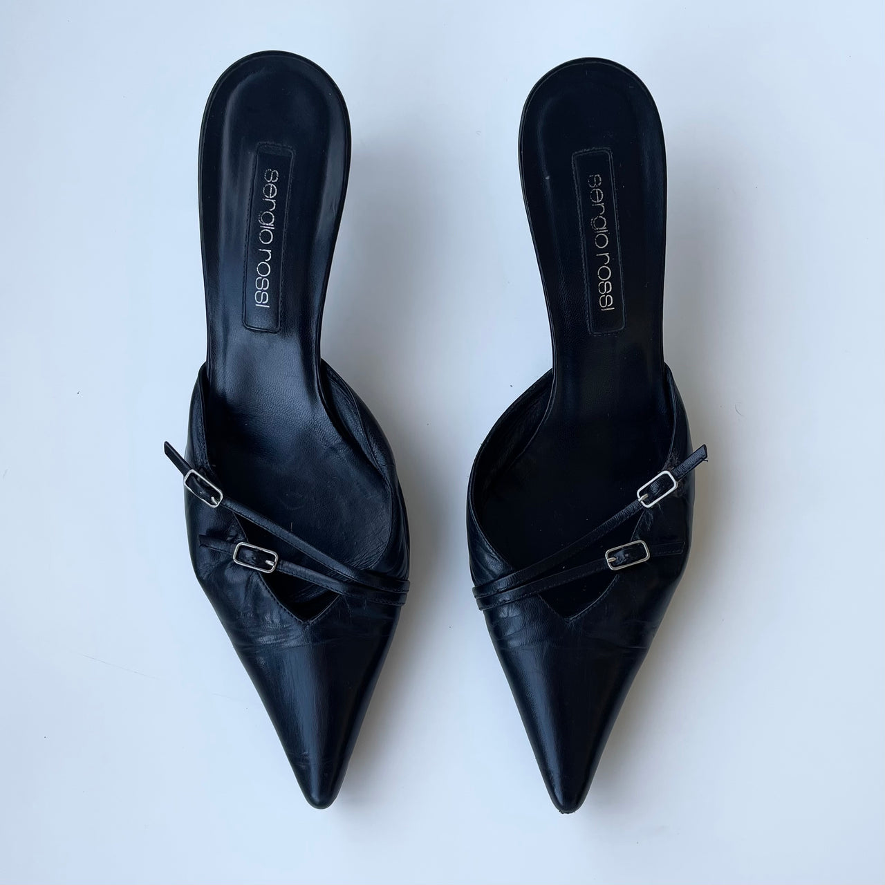 Sergio Rossi black leather bondage 2000’s kitten heel mules