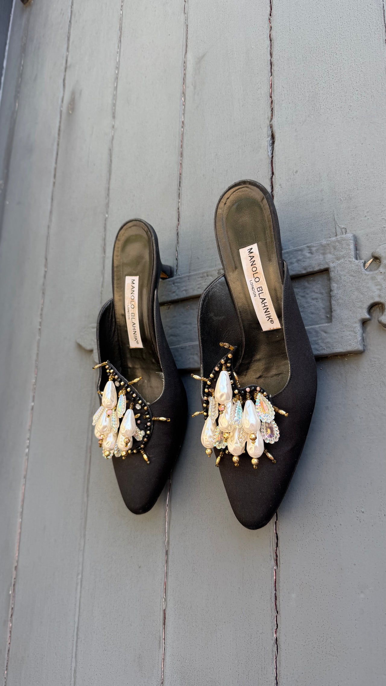 Manolo Blahnik vintage evening mules with faux pearls 37.5