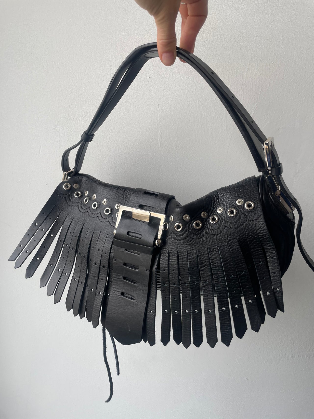 Gianfrance Ferre black leather tassell baguette handbag