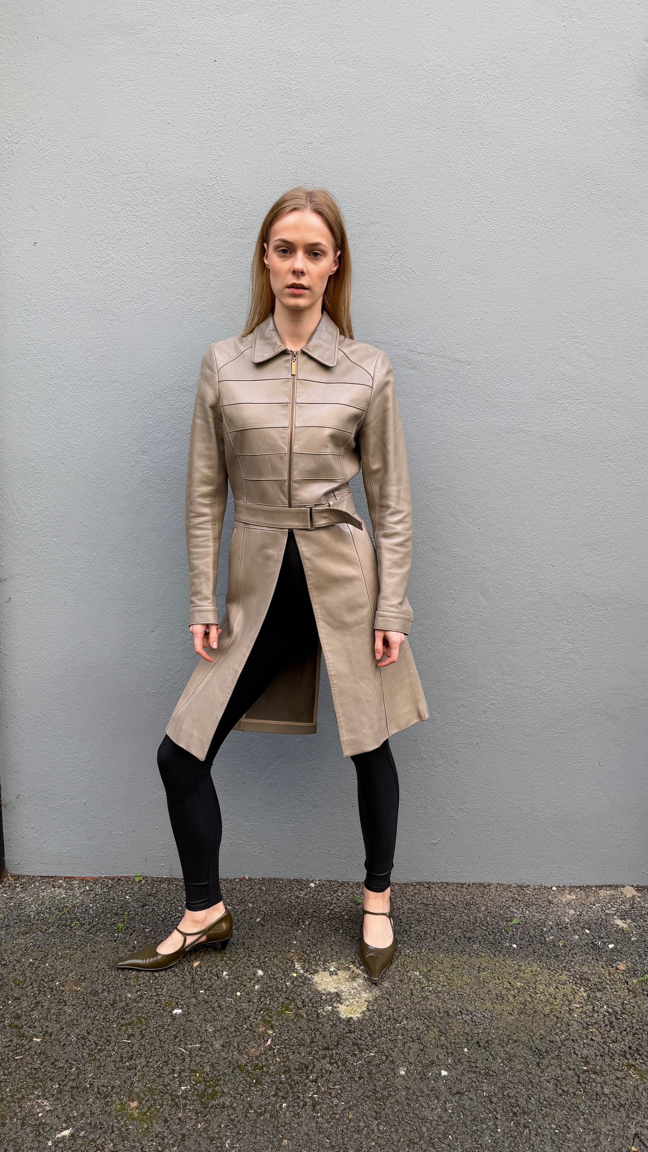 Barbara Buiko leather in stone colour long-line coat