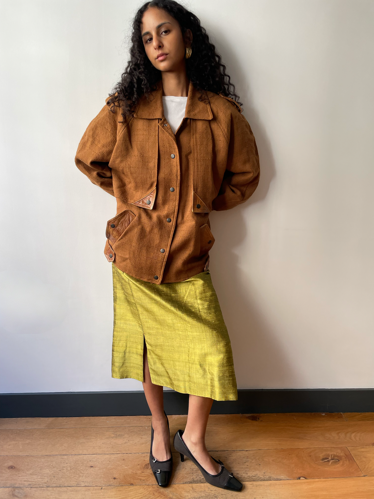 1980’s vintage camel linen blend bomber jacket with leather detailing