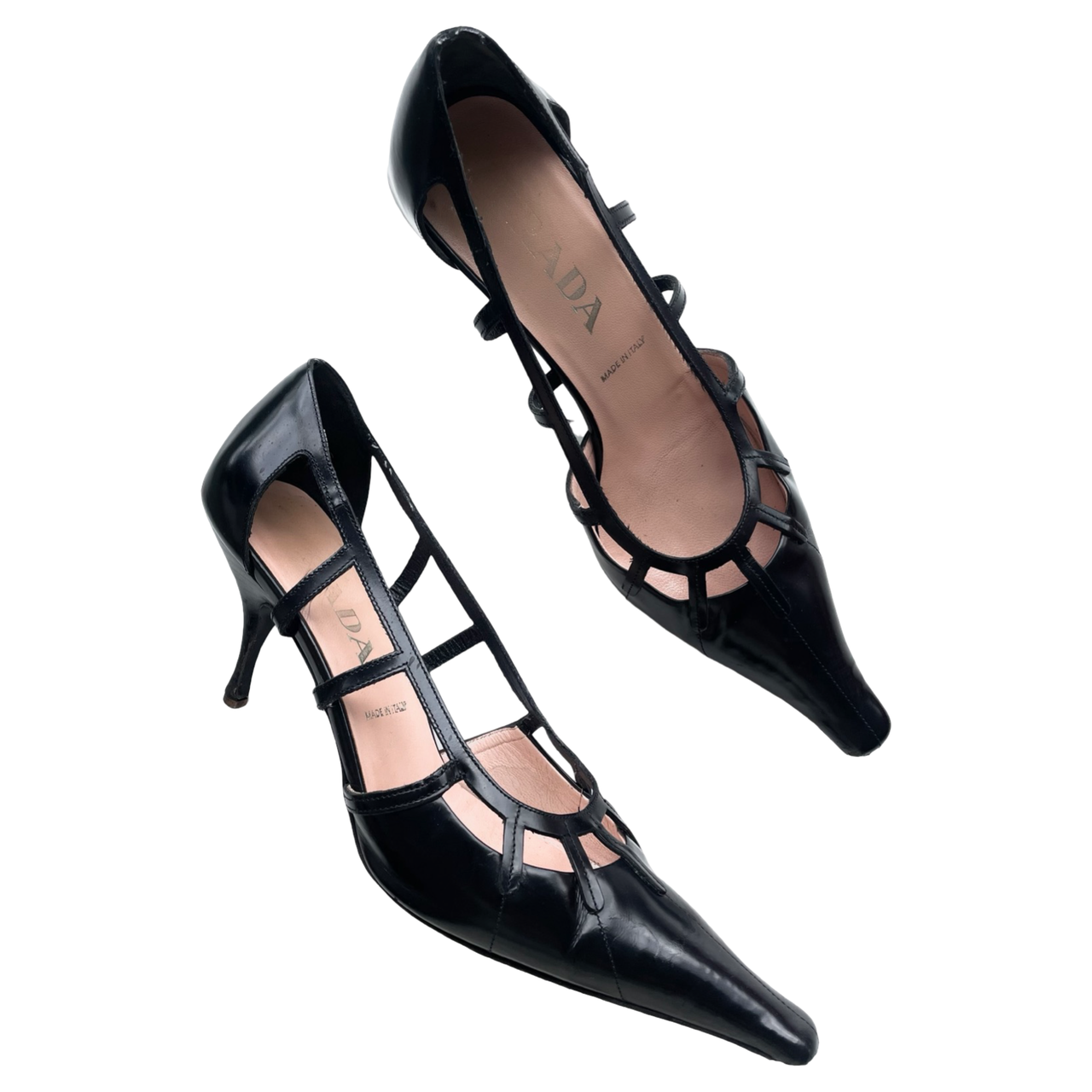 Prada bondage style glossy leather kitten heel vintage 1990’s courts 38.5