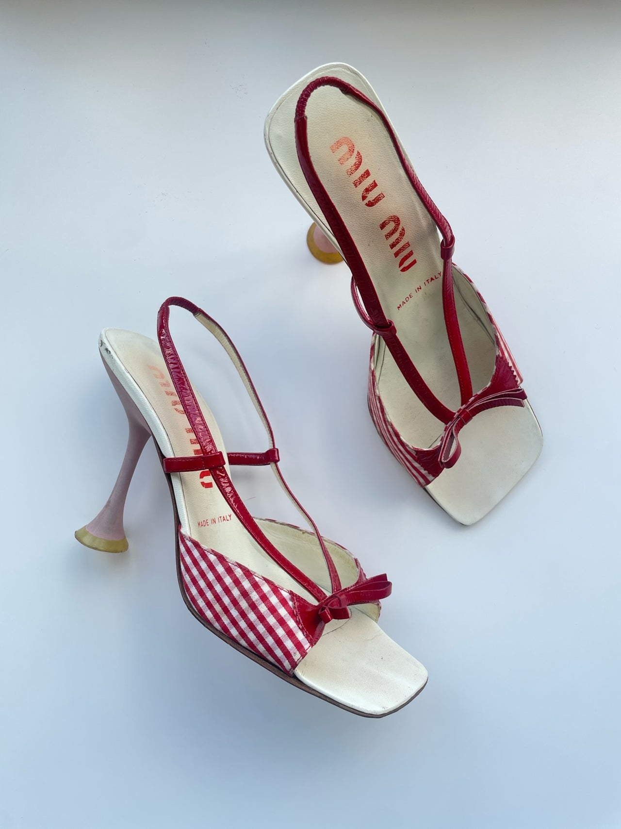 Miu Miu Red Gingham Open-Toe Courts