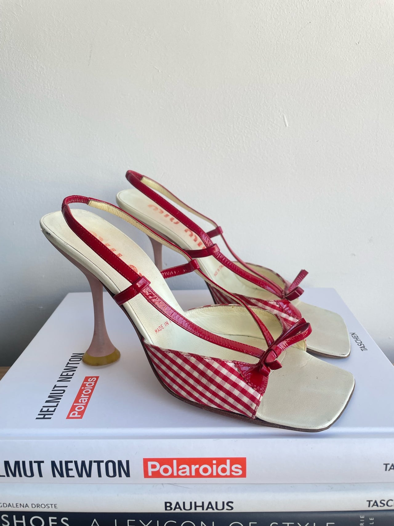 Miu Miu Red Gingham Open-Toe Courts