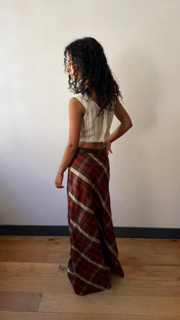 Maxi raw silk checked summer skirt