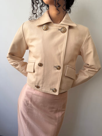 Versace Istante pastel pink double-breasted leather jacket