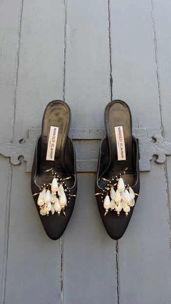 Manolo Blahnik vintage evening mules with faux pearls 37.5