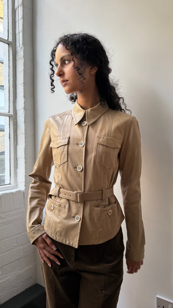 Prada 2002 Safari style butter soft leather belted leather jacket