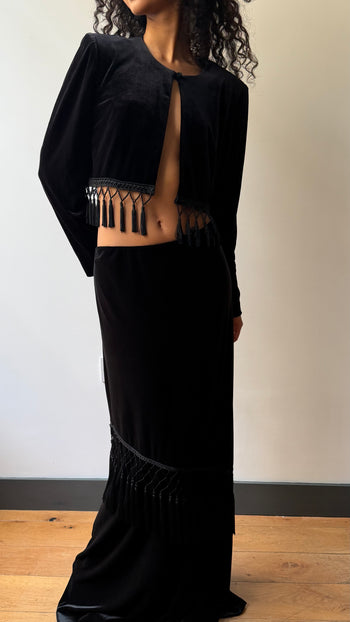 1990’s British vintage tasseled velvet maxi skirt suit set