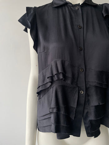 Prada silk distressed frayed short sleeve blouse charcoal black 44IT