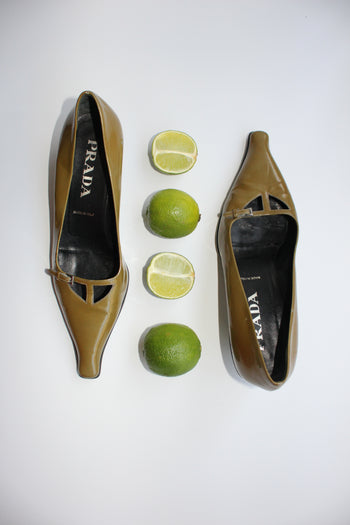 Prada archive olive green patent leather courts