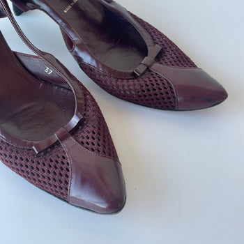 Prada SS2000 dark burgundy glossy leather and mesh slingback courts