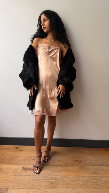 1920’s antique silk slip embroidered lace chemise dress in peach
