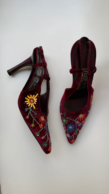 Salvatore Ferragamo beaded velvet slingback courts