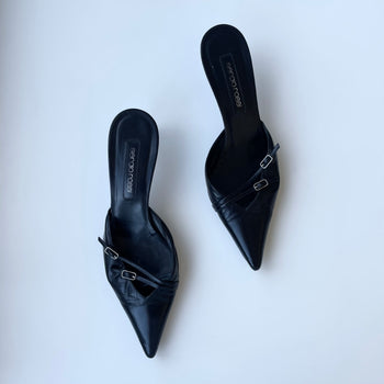 Sergio Rossi black leather bondage 2000’s kitten heel mules