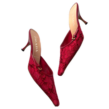 Prada red lace kitten heel mules 38