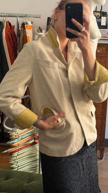 Prada SS1998 linen blend jacket with contrasting yellow green leather cuffs
