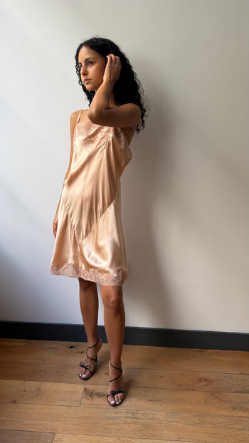 1920’s antique silk slip embroidered lace chemise dress in peach