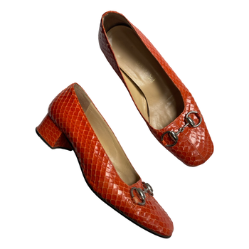 Gucci horsebit buckle detail flats in orange snakeskin leather 37 IT